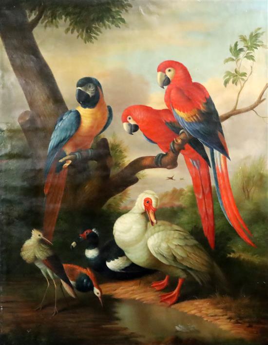 After dHondecoeter Parrots and ducks in a landscape 48 x 38in., unframed